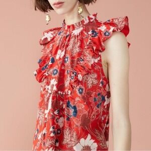 Ulla Johnson Ida Red Floral‎ Ruffle Sleeveless Top High Neck Size 6
